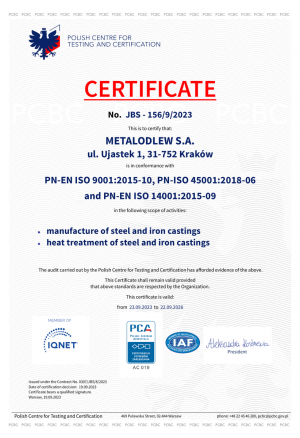 Certificate of the Integrated Management System Compliance with the Standards